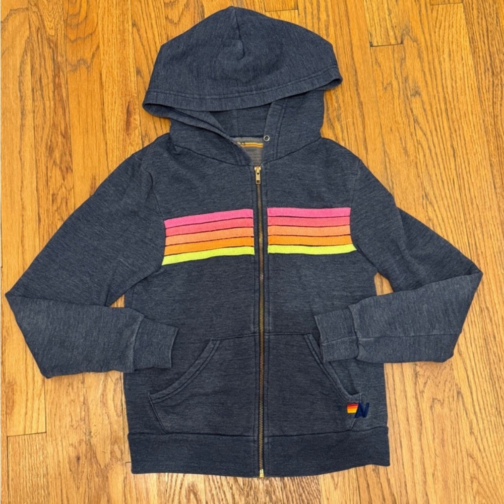 Aviator Nation Dark Gray/Blue Zip Up Hoodie with Neon 5 Stripes